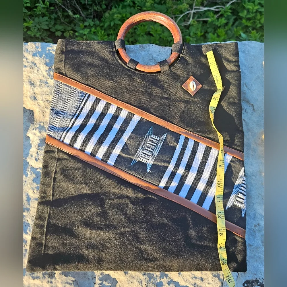 Afrocentric, eclectic, black batik African inspired round wood handle bag